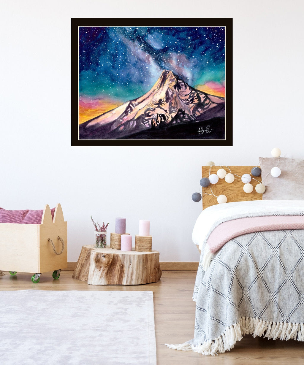 Mt Hood Under Milky Way Fine Art Watercolor Print by Ashley Nelson