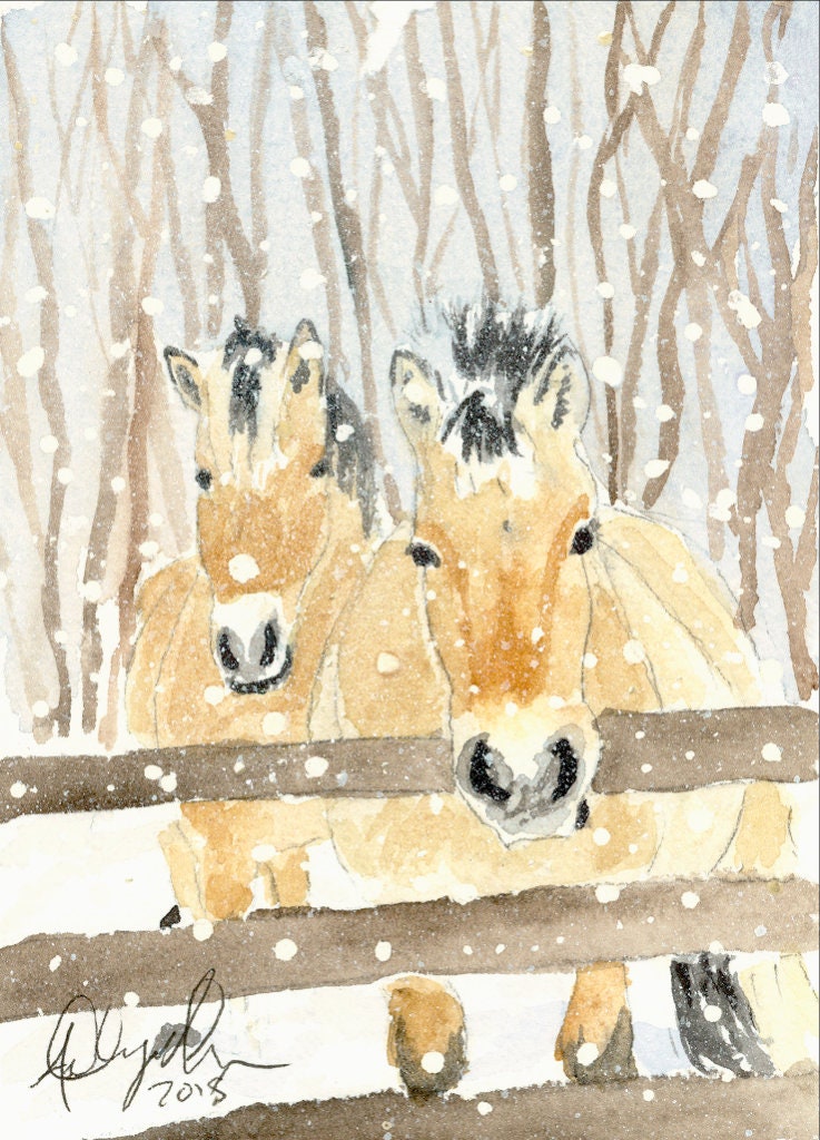 Norwegian Fjord Horses in Snow, Fine Art Watercolor Print by Ashley Nelson
