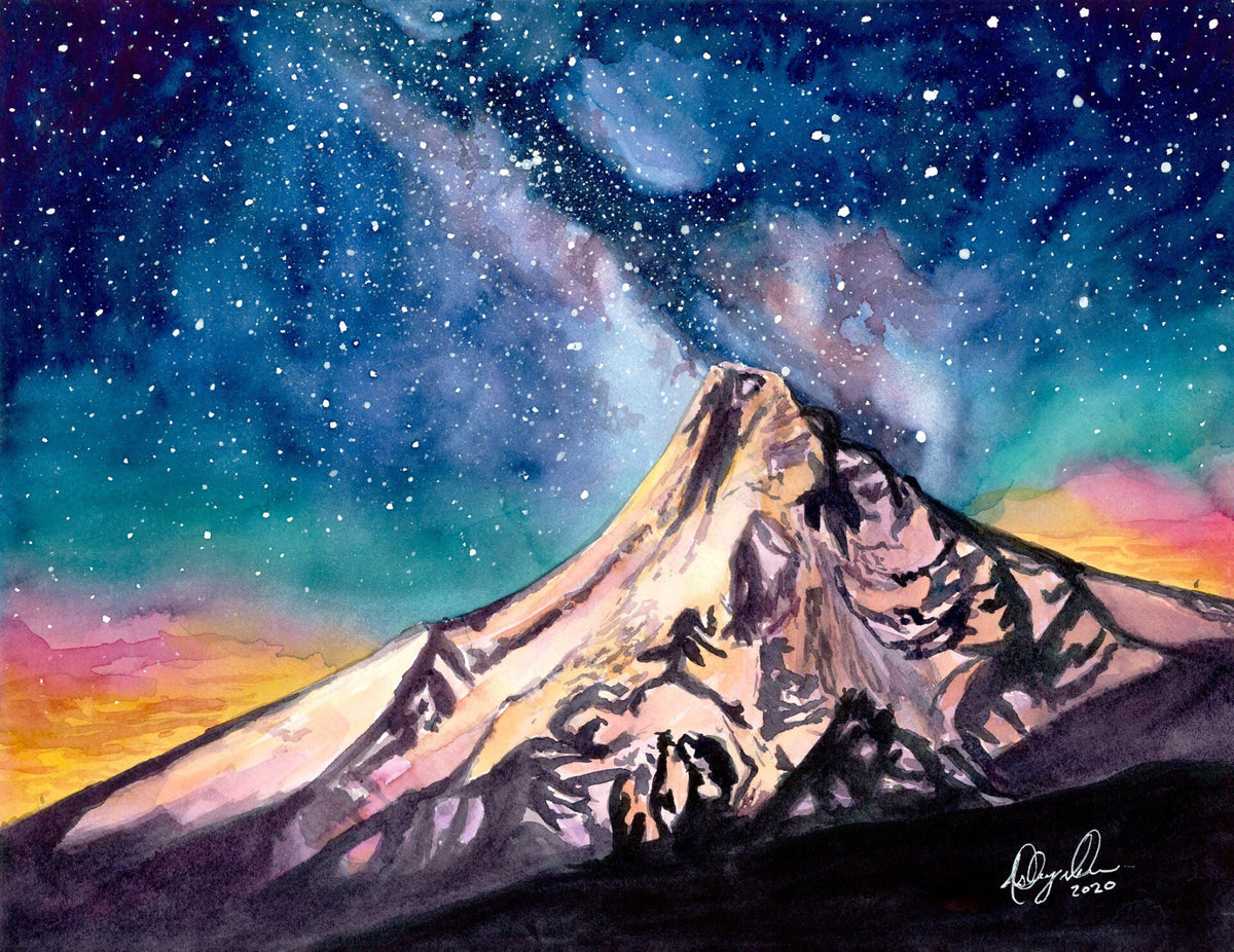 Mt Hood Under Milky Way Fine Art Watercolor Print by Ashley Nelson