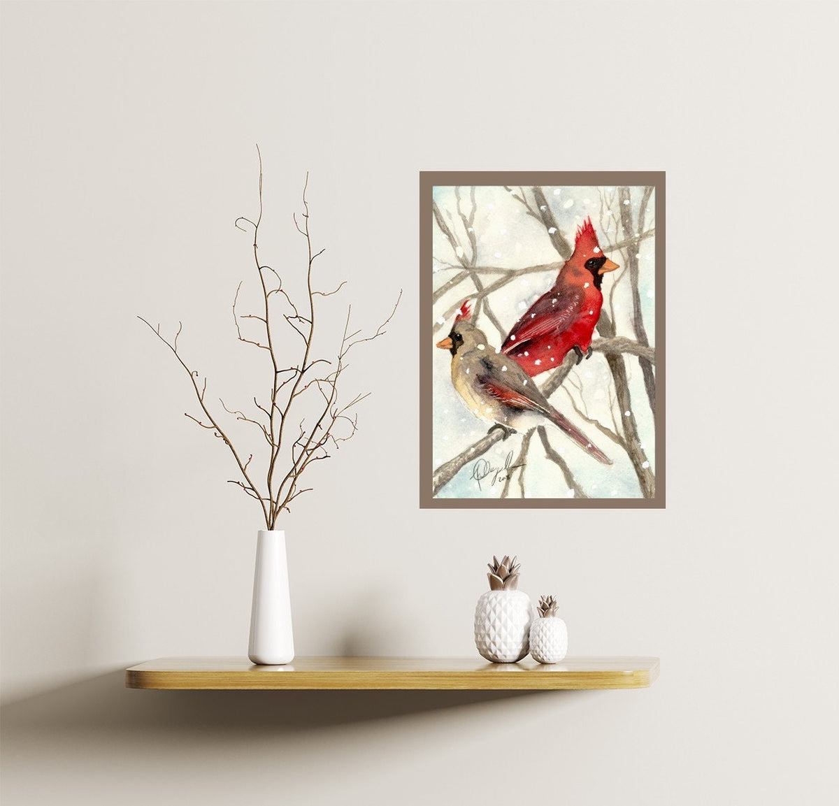 Cardinals in Snow, Fine Art Watercolor Print by Ashley Nelson