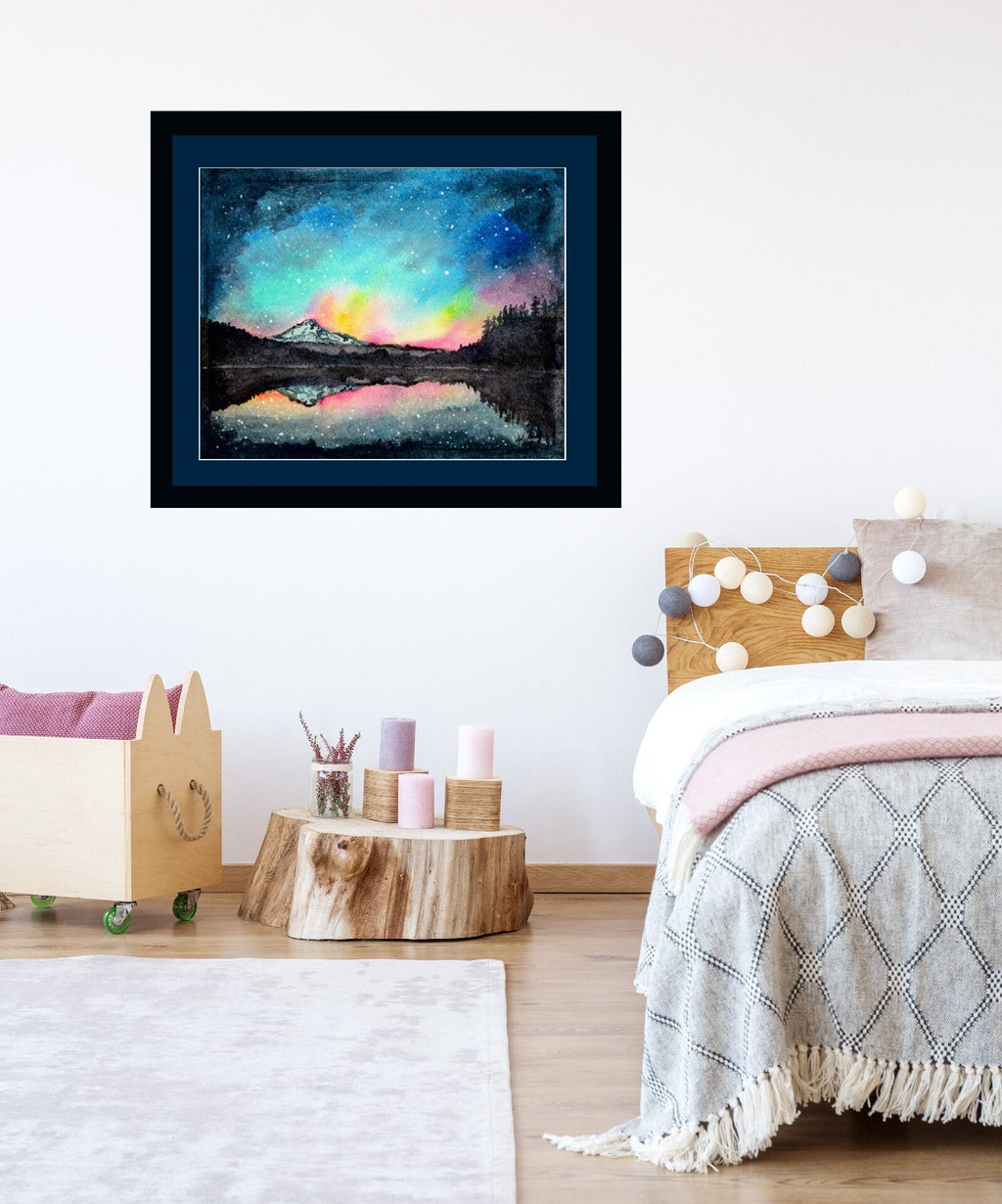 Mt Hood under a Starry Sky Fine Art Watercolor Print by Ashley Nelson