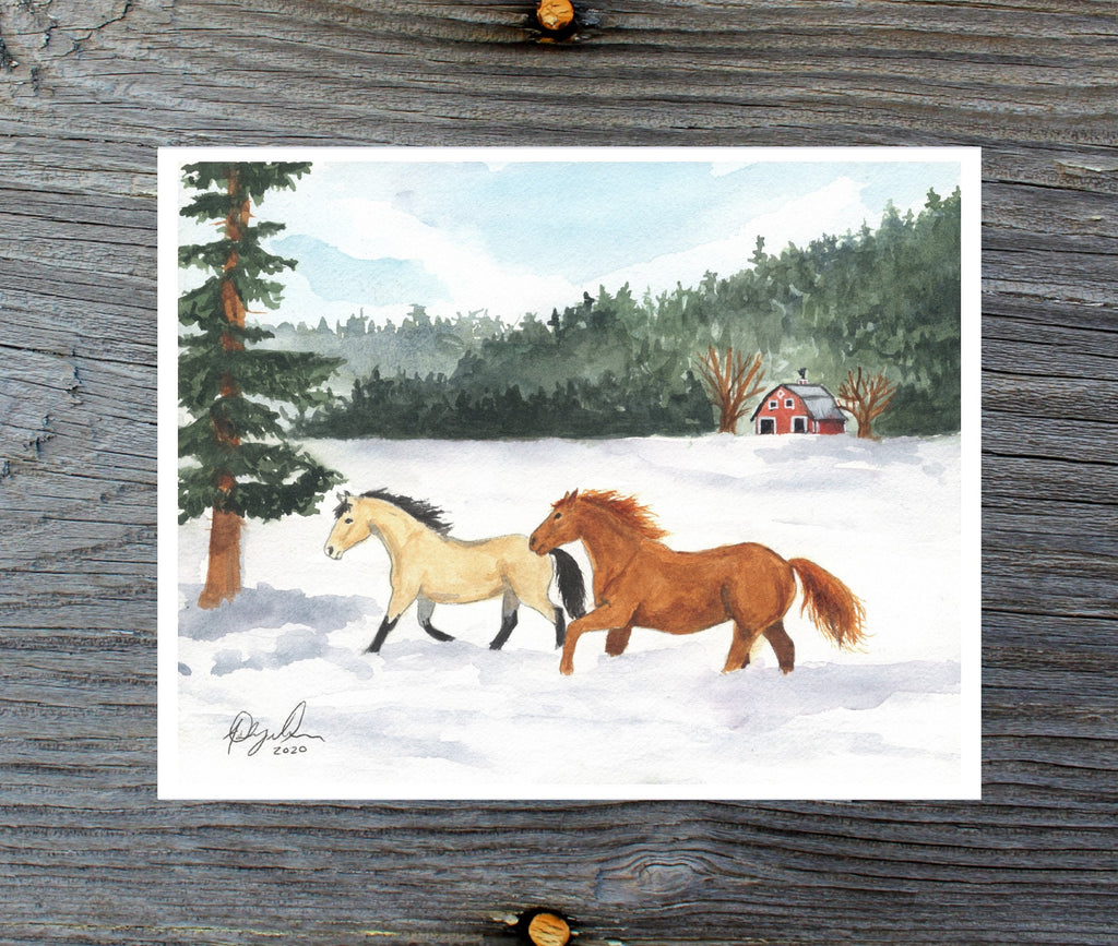 Horse Galloping in Snow, Fine Art Watercolor Print by Ashley Nelson