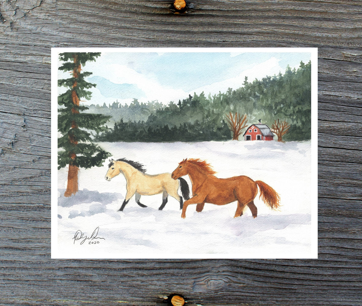 Horse Galloping in Snow, Fine Art Watercolor Print by Ashley Nelson