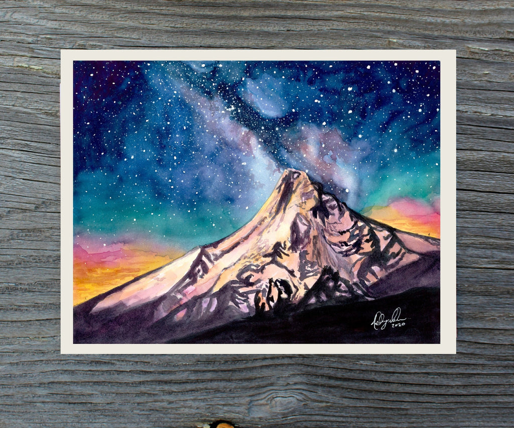 Mt Hood Under Milky Way Fine Art Watercolor Print by Ashley Nelson