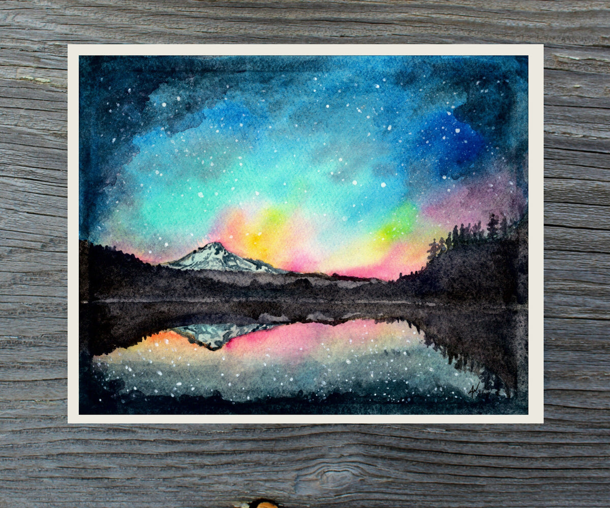 Mt Hood under a Starry Sky Fine Art Watercolor Print by Ashley Nelson
