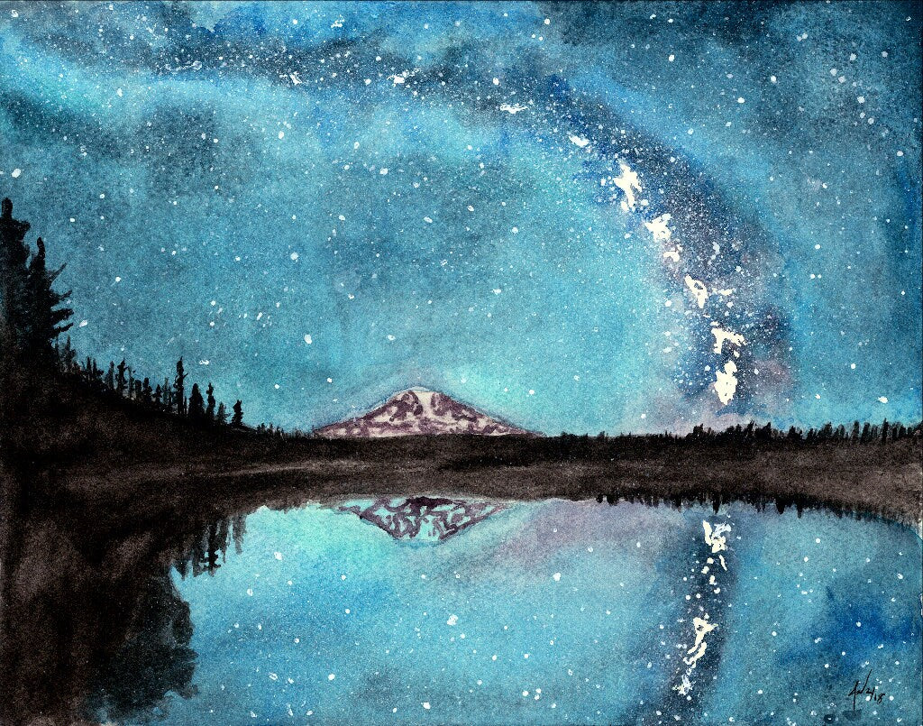 MT Adams under the Milky Way Fine Art Watercolor Print by Ashley Nelson
