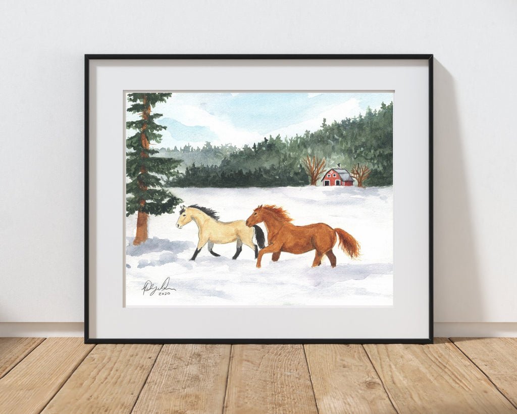Horse Galloping in Snow, Fine Art Watercolor Print by Ashley Nelson