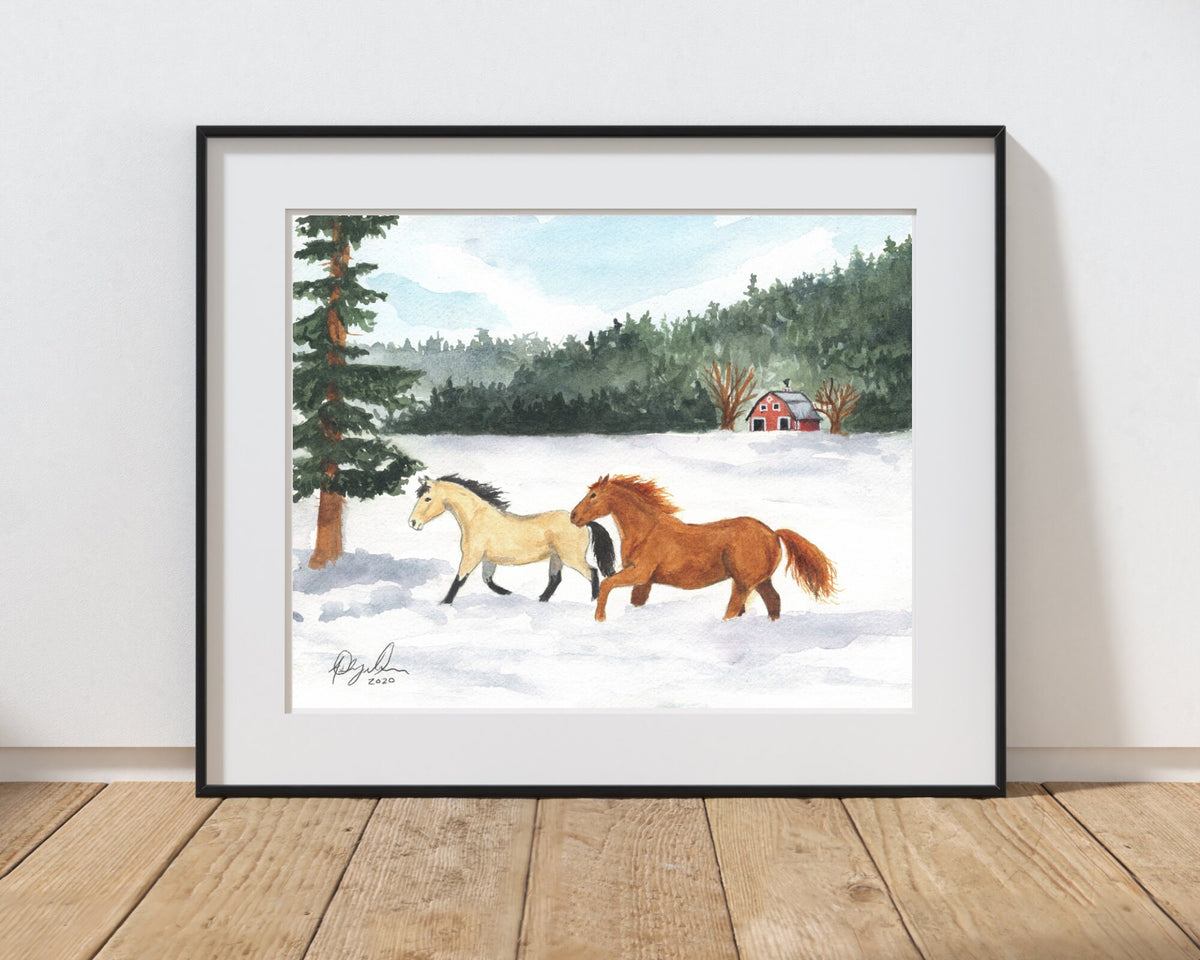 Horse Galloping in Snow, Fine Art Watercolor Print by Ashley Nelson
