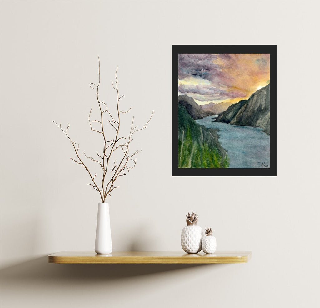 Columbia River Gorge Sunset Fine Art Watercolor Print by Ashley Nelson
