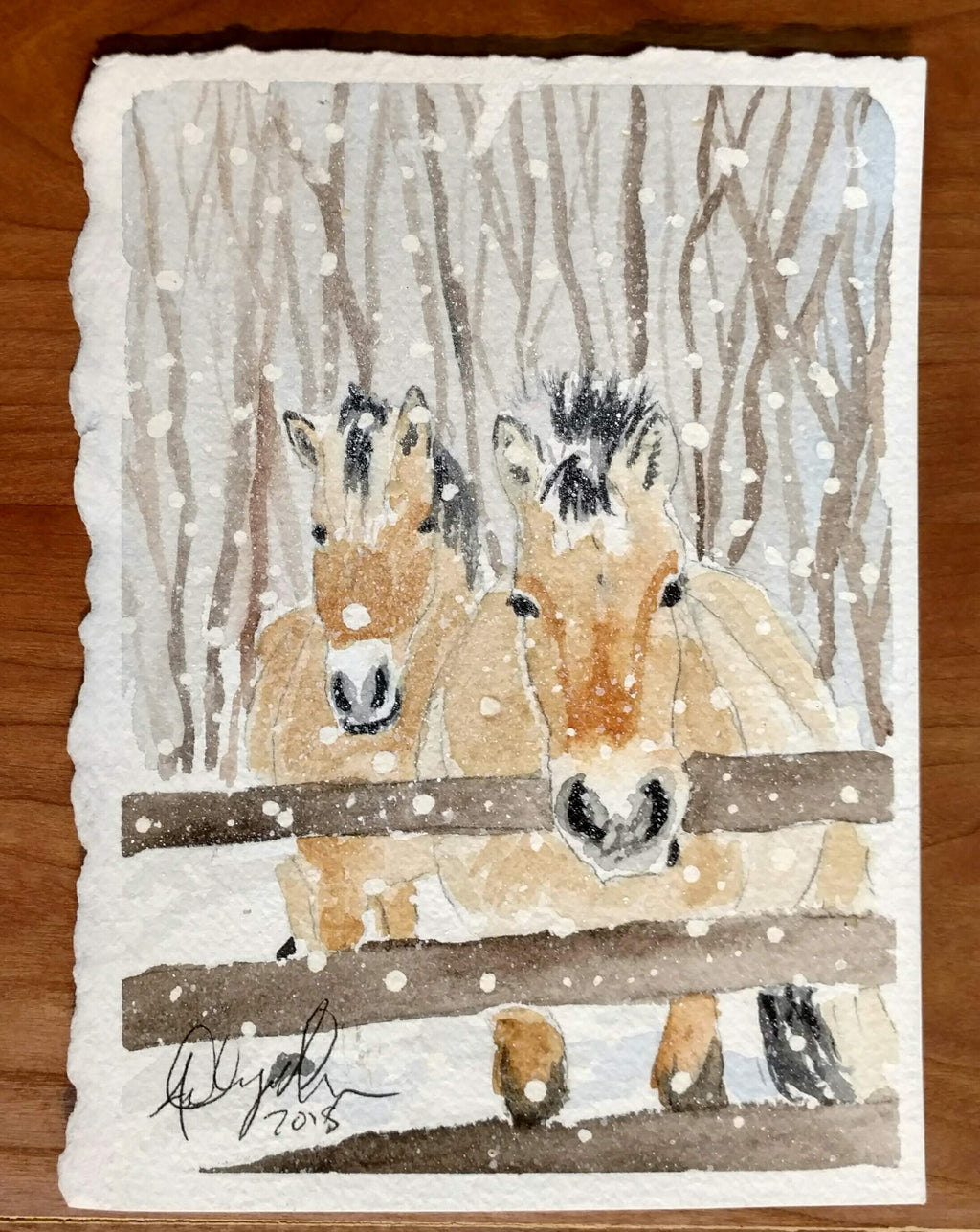 Norwegian Fjord Horses in Snow, Fine Art Watercolor Print by Ashley Nelson