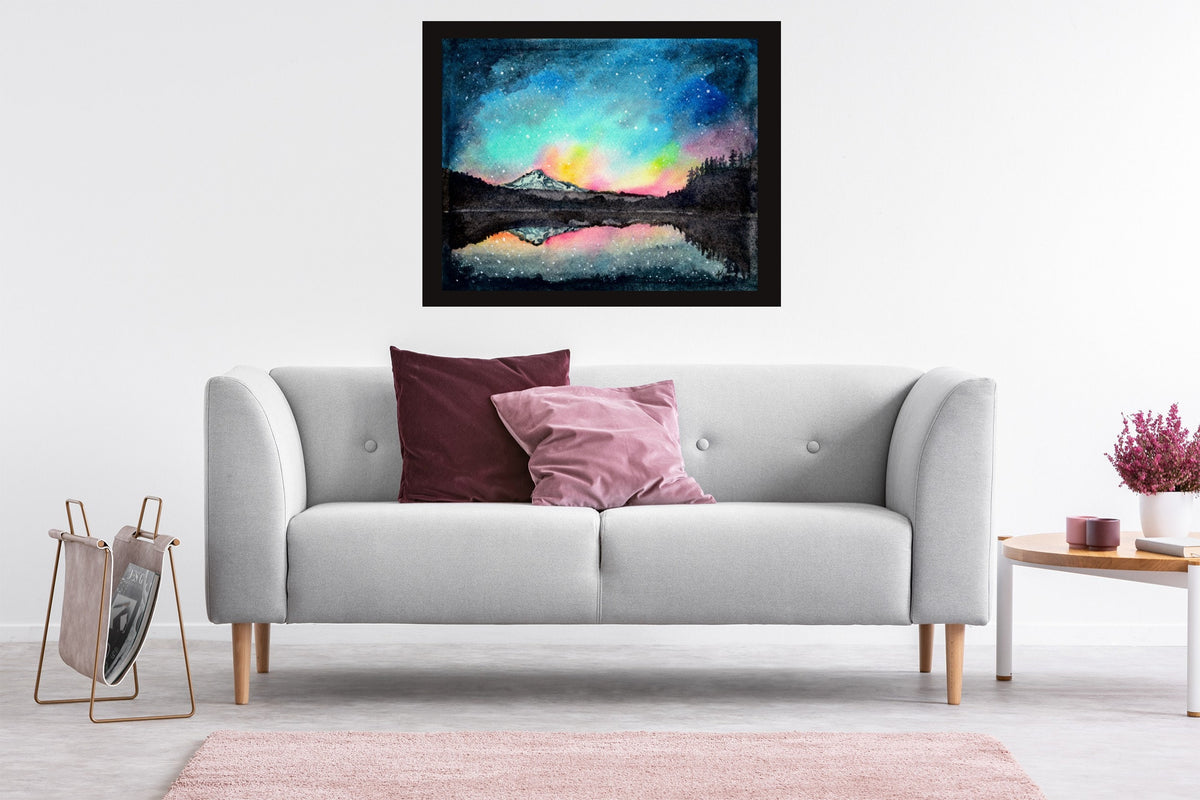 Mt Hood under a Starry Sky Fine Art Watercolor Print by Ashley Nelson