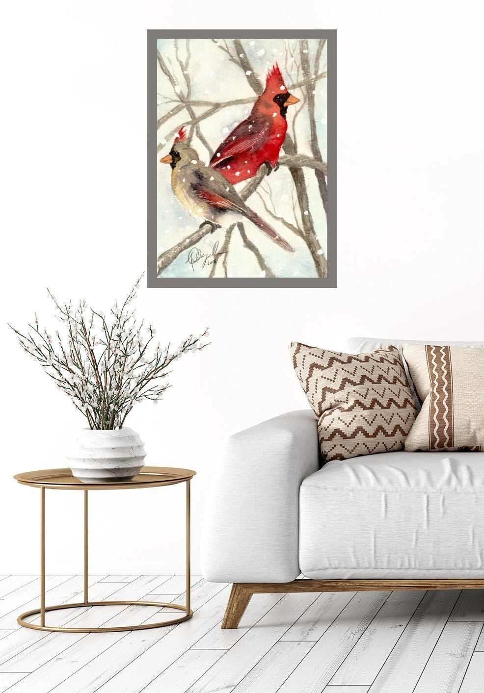 Cardinals in Snow, Fine Art Watercolor Print by Ashley Nelson