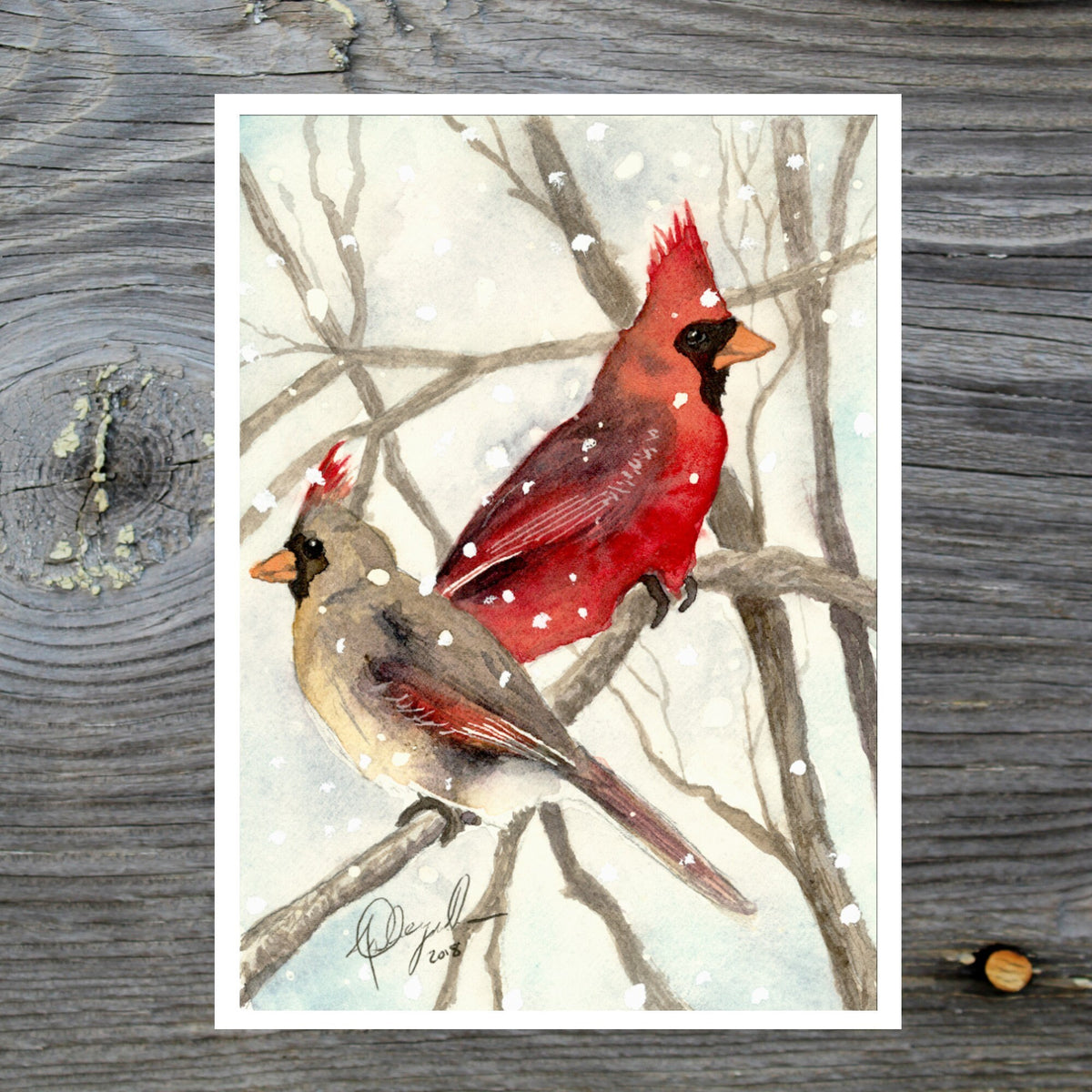 Cardinals in Snow, Fine Art Watercolor Print by Ashley Nelson