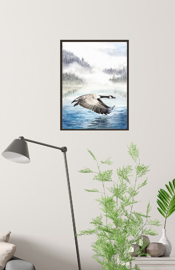 Canada Goose Flying Fine Art Watercolor Print by Ashley Nelson