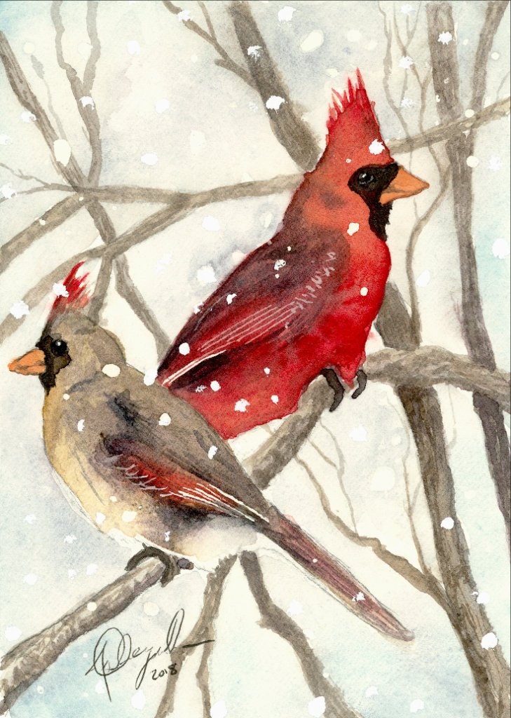 Cardinals in Snow, Fine Art Watercolor Print by Ashley Nelson