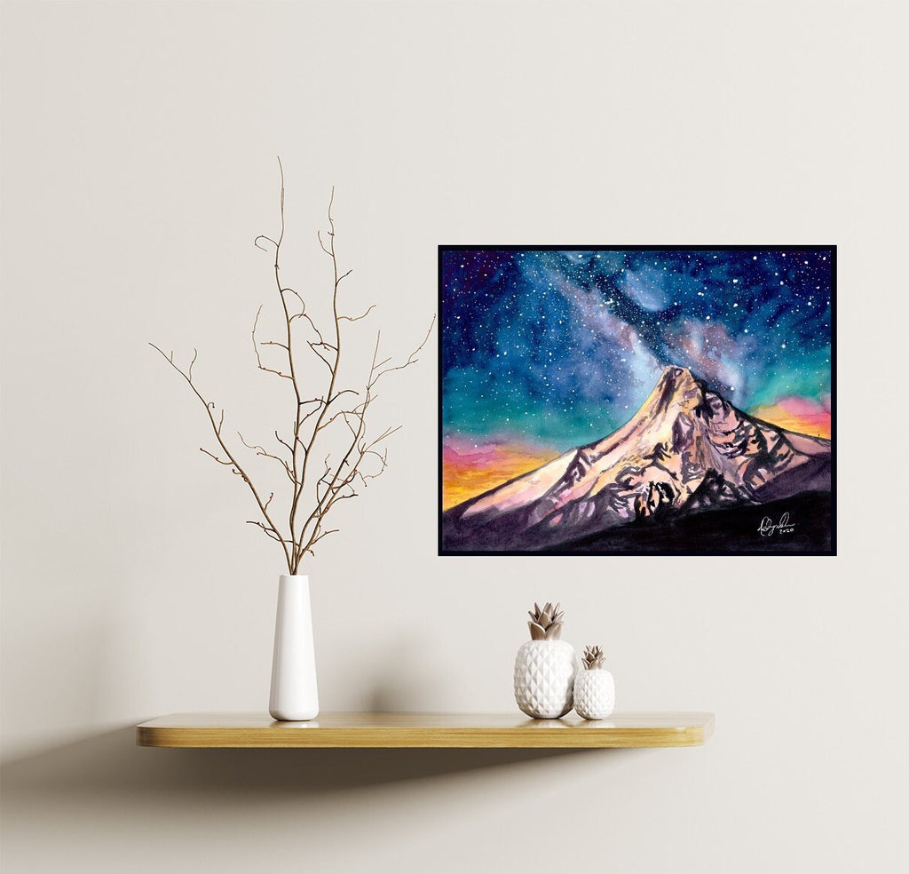 Mt Hood Under Milky Way Fine Art Watercolor Print by Ashley Nelson
