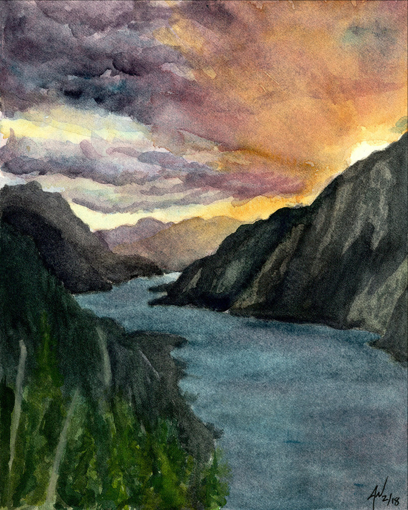 Columbia River Gorge Sunset Fine Art Watercolor Print by Ashley Nelson