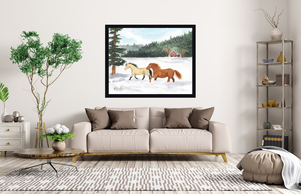 Horse Galloping in Snow, Fine Art Watercolor Print by Ashley Nelson