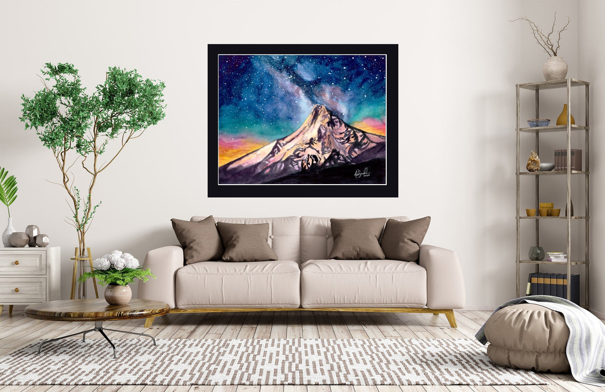 Mt Hood Under Milky Way Fine Art Watercolor Print by Ashley Nelson
