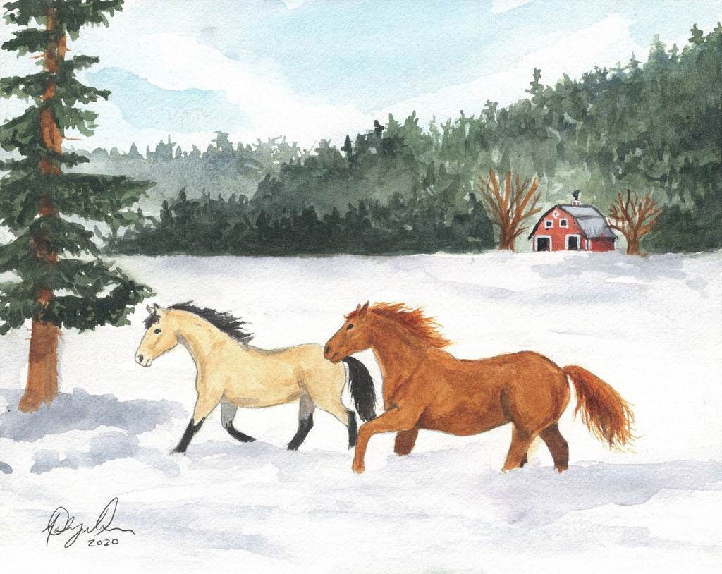 Horse Galloping in Snow, Fine Art Watercolor Print by Ashley Nelson