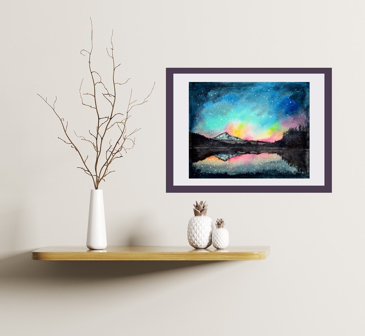 Mt Hood under a Starry Sky Fine Art Watercolor Print by Ashley Nelson