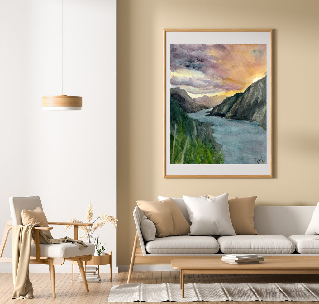 Columbia River Gorge Sunset Fine Art Watercolor Print by Ashley Nelson