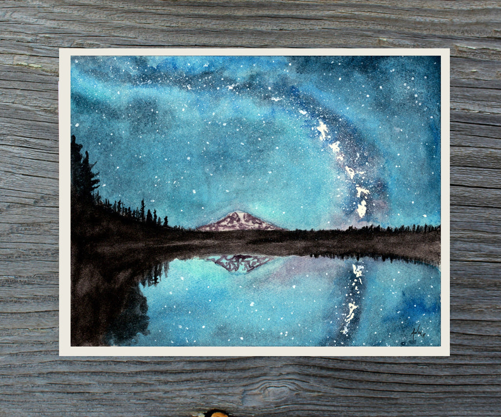 MT Adams under the Milky Way Fine Art Watercolor Print by Ashley Nelson